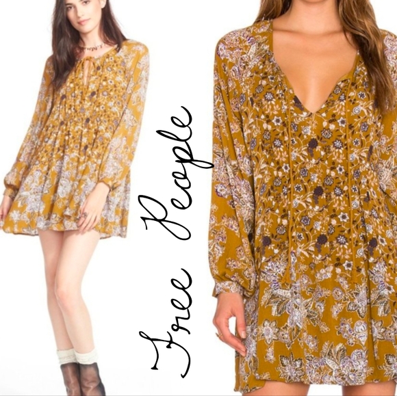 Free People Dresses & Skirts - Free People Lucky Loosie Floral Swing Dress Mini Mustard Purple Tie Front Small